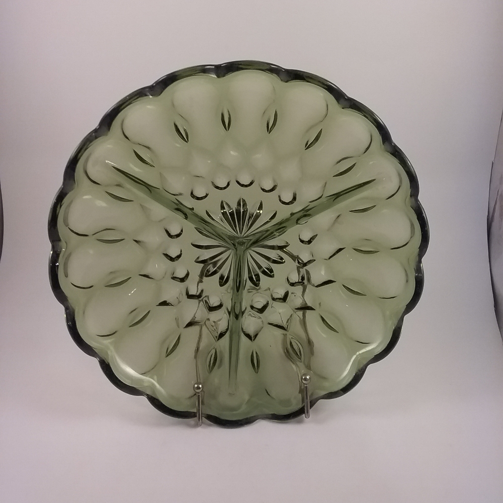 Vintage 8 1/2" Green Glass divided Plate Dish